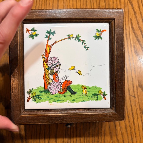 Unbranded Other - Vintage Wood Trinket Box Ceramic Tile Top Girl Reading Butterflies Cottagecore